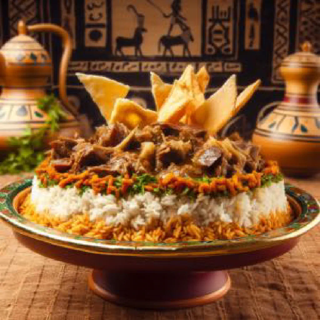 Egyptian fattah with layered rice, crisp flatbread and spiced lamb