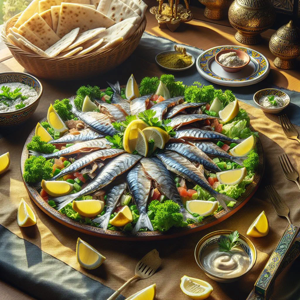 Feseekh salad with fermented fish, onion rings, tomatoes and parsley