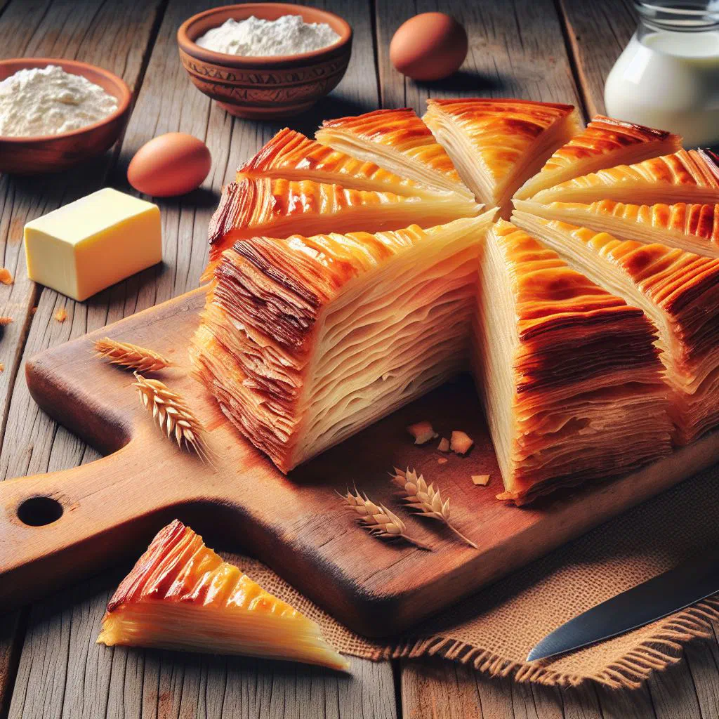 Golden, flaky Egyptian feteer pastry cut into wedges
