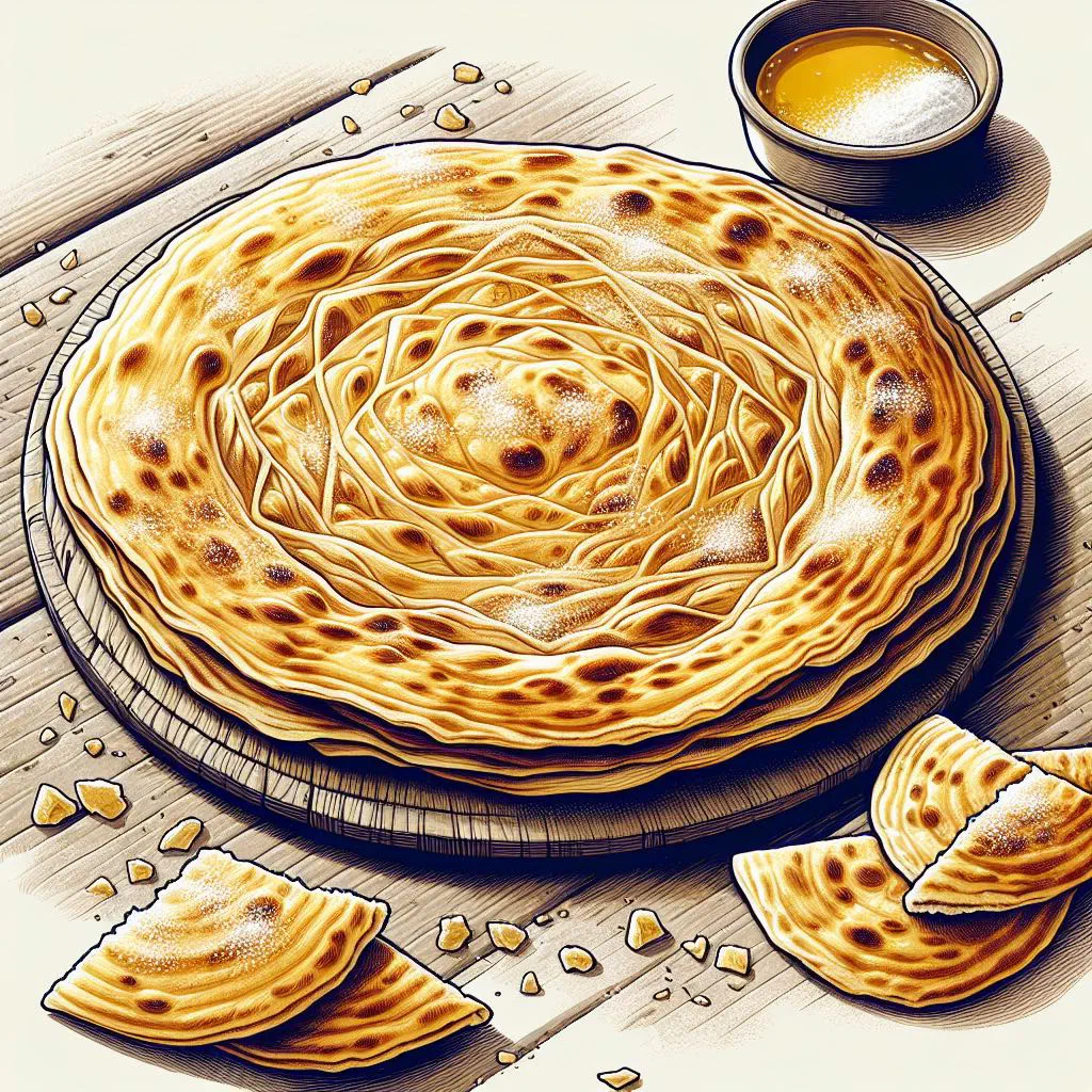 Golden, layered Egyptian fiteer pastry on a serving board