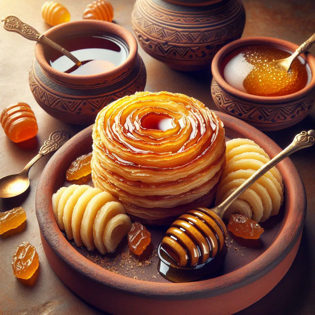 Crispy golden Egyptian pastry drizzled generously with honey