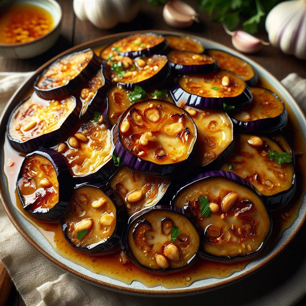 Golden fried eggplant slices drizzled with creamy tahini garlic sauce and fresh herbs
