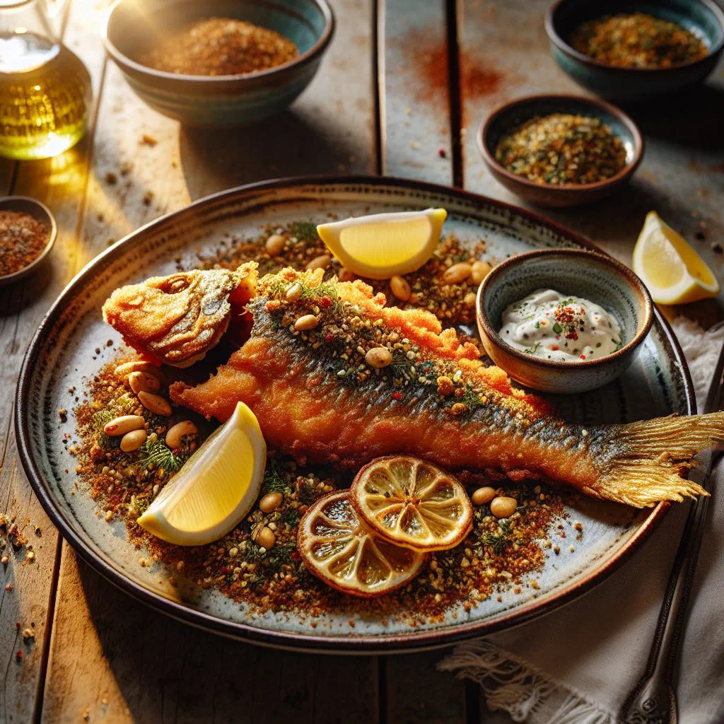Golden fried fish fillets coated in dukka spice with lemon wedges