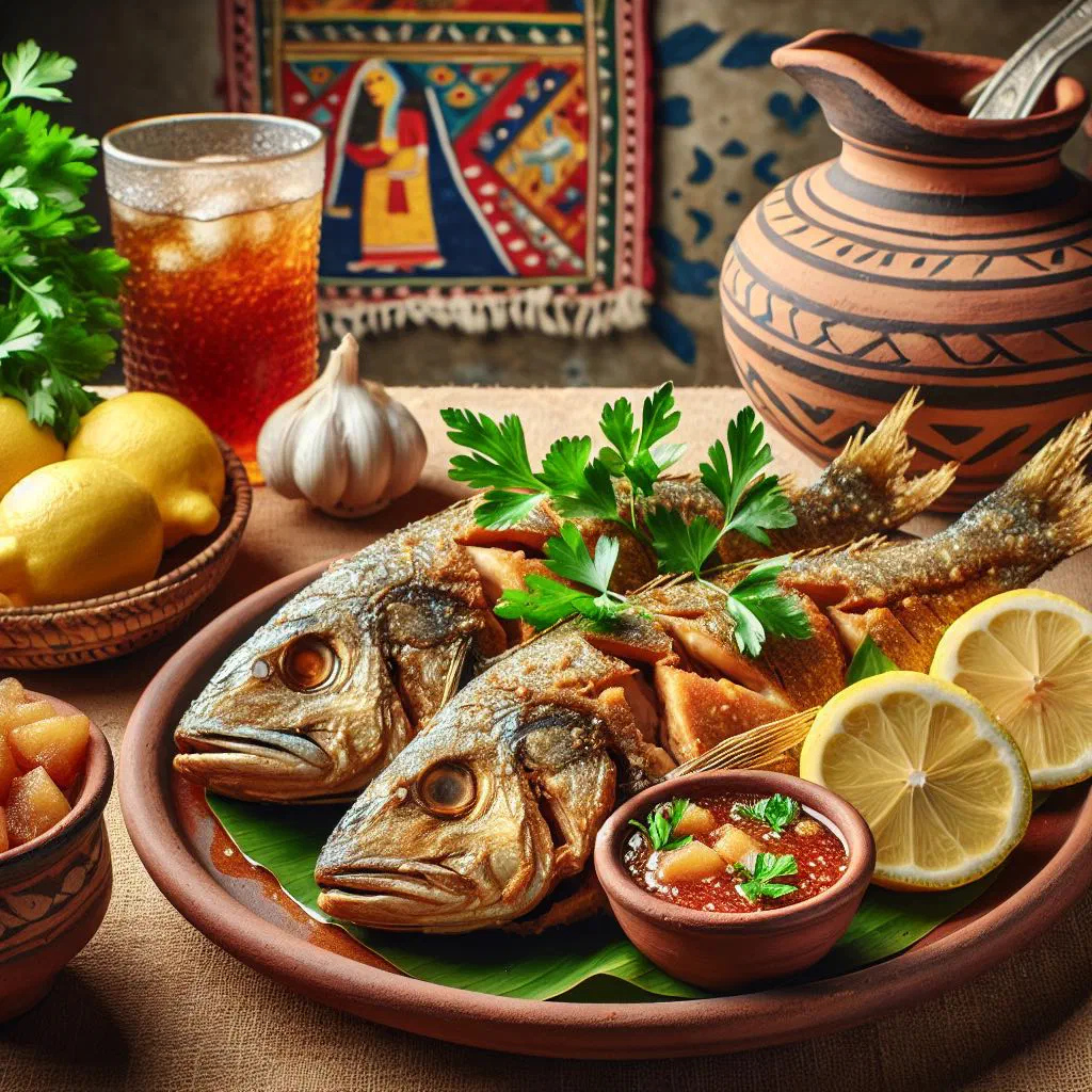 Golden fried mullet fillets garnished with lemon slices and fresh herbs