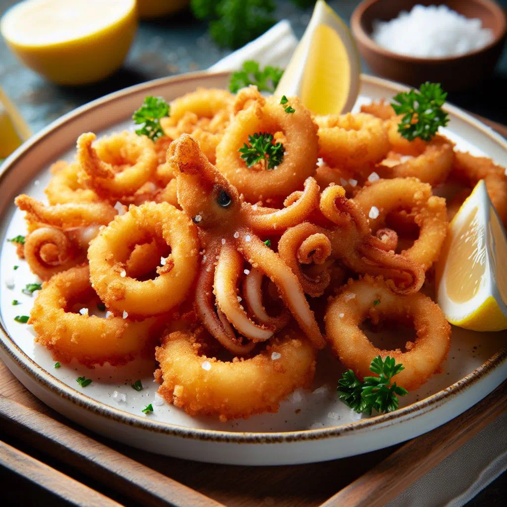 Golden fried squid rings served with lemon wedges