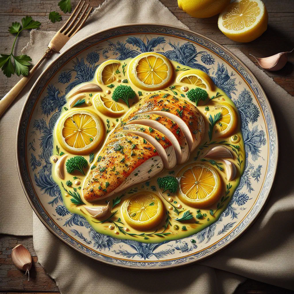 Pan-fried garlic lemon chicken garnished with fresh parsley and lemon slices