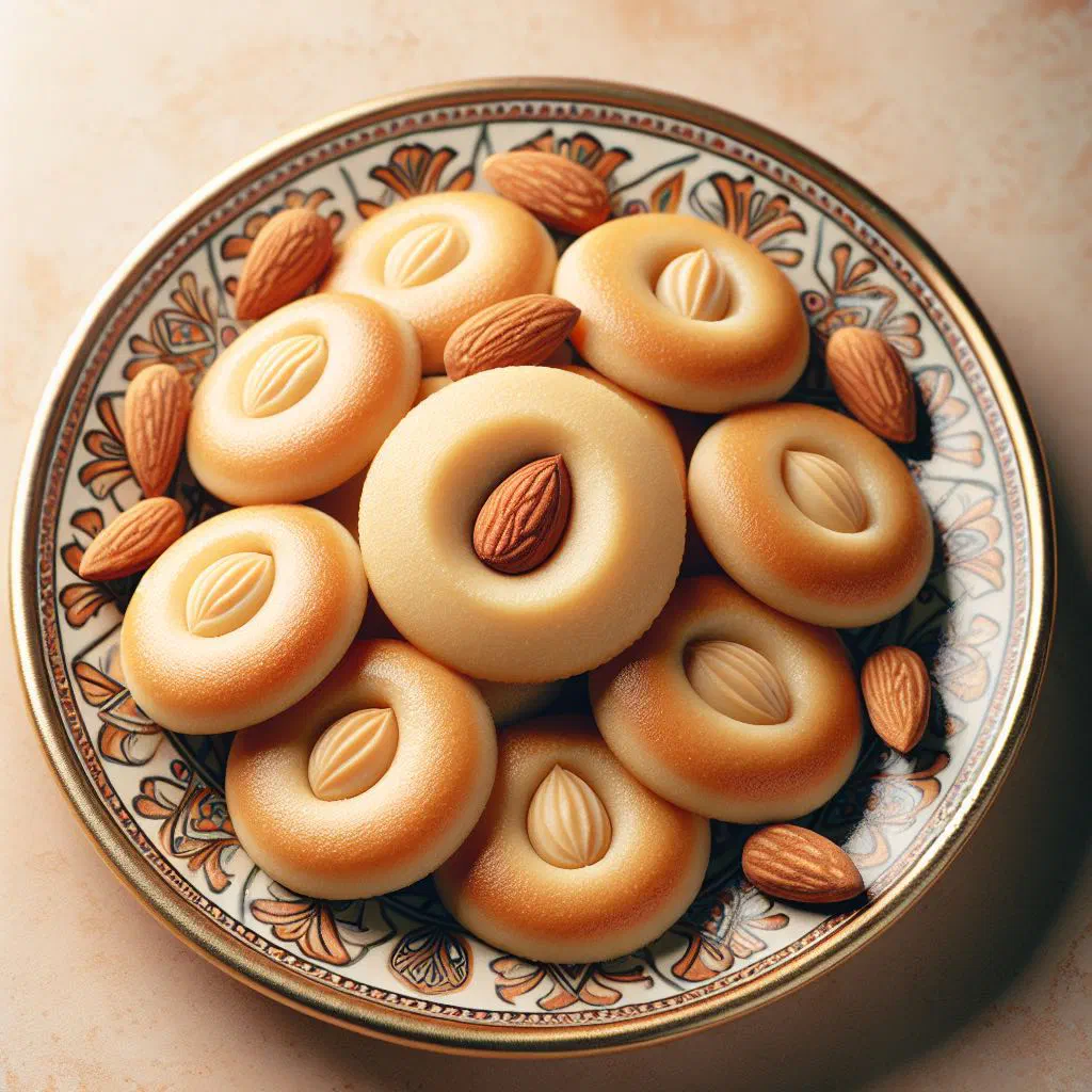 Round Egyptian ghorayeba shortbread cookies each topped with a whole almond