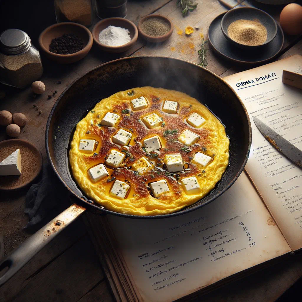 Golden Egyptian omelette folded over crumbled Domiati cheese and herbs