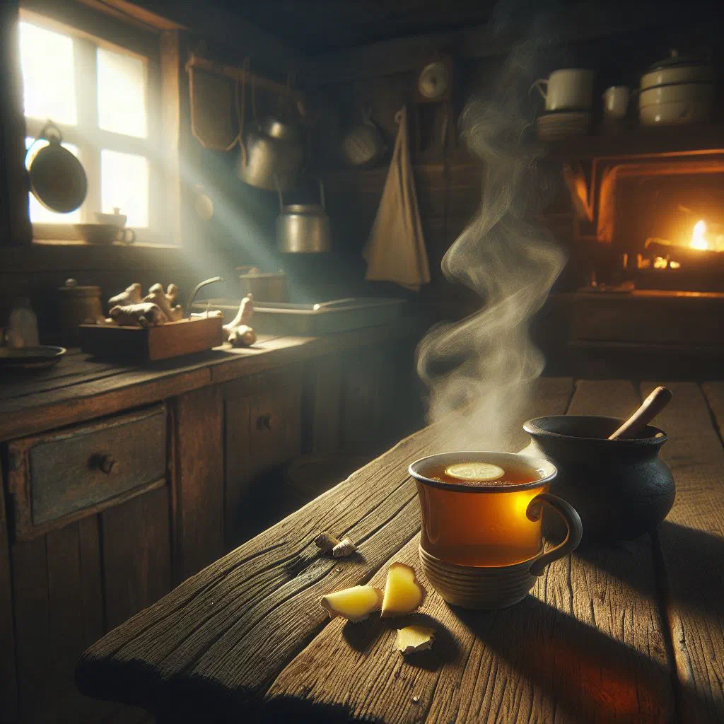 A steaming glass of Egyptian ginger tea garnished with lemon and mint