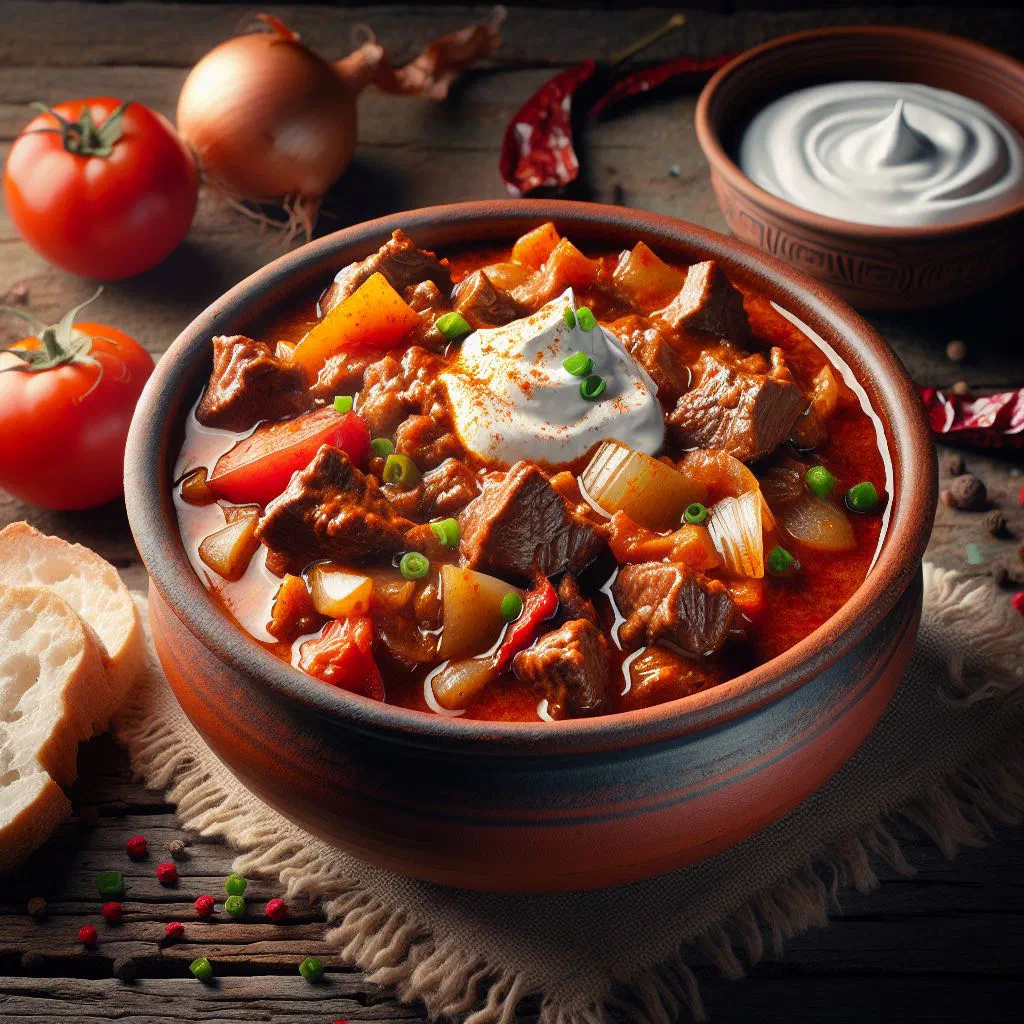 Egyptian goulash bil lahma with tender beef in a rich tomato sauce, garnished with parsley