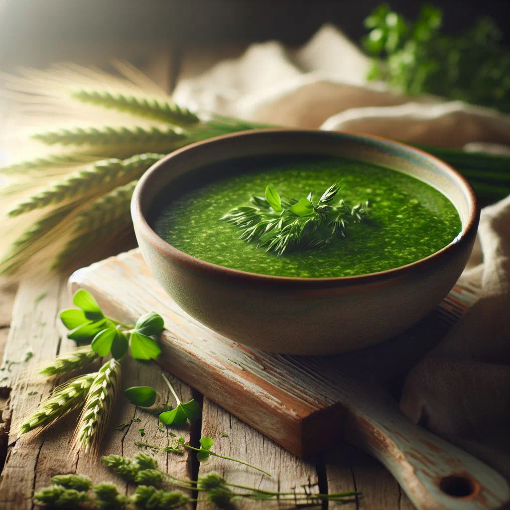 Bowl of Egyptian green wheat soup garnished with fresh herbs and olive oil