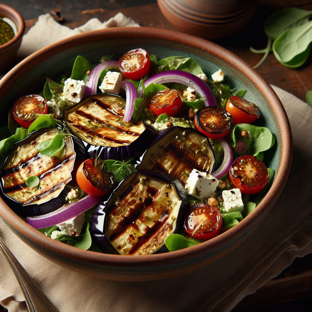 Smoky grilled eggplant salad with chopped parsley and lemon