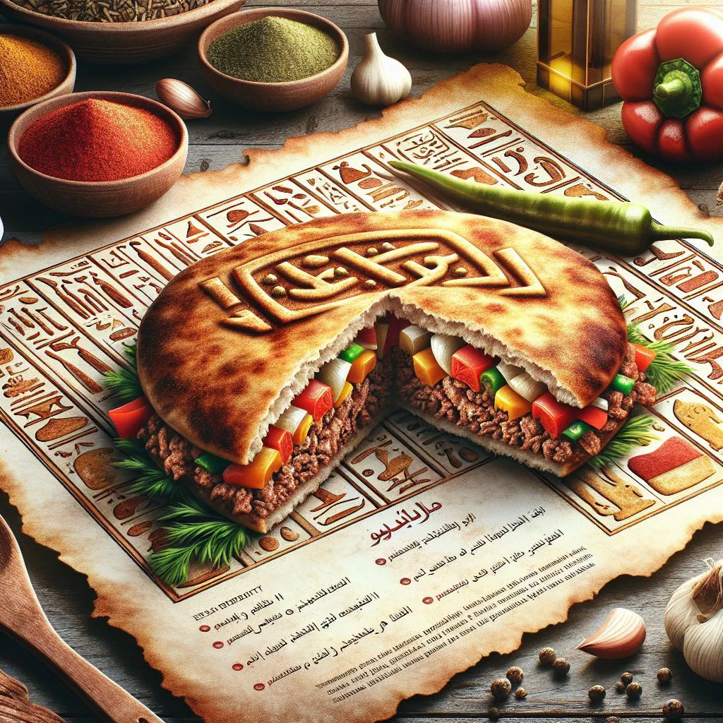 Crispy Egyptian hawawshi flatbread filled with spiced minced meat, cut into wedges