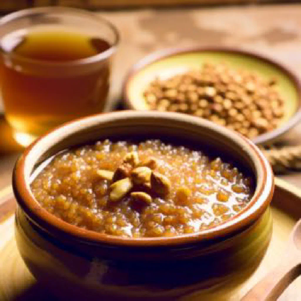 A warm bowl of Egyptian helba garnished with fresh herbs and served with bread