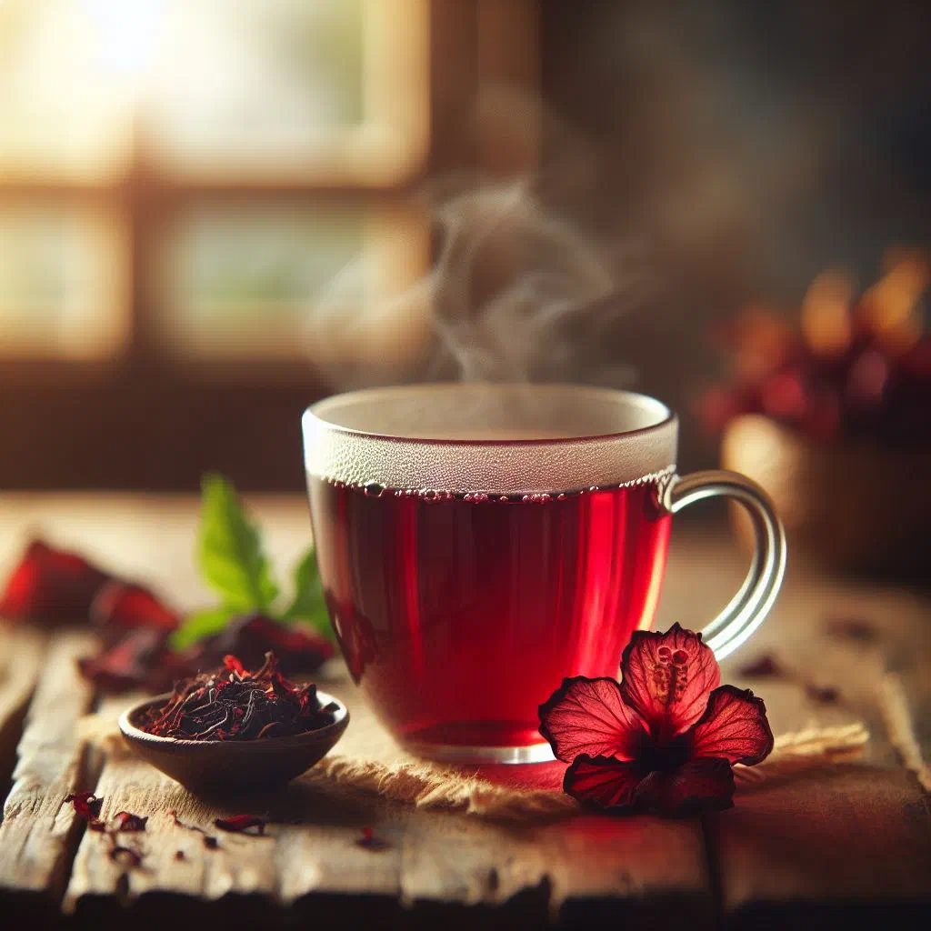 A glass of deep-red Egyptian hibiscus tea garnished with fresh mint