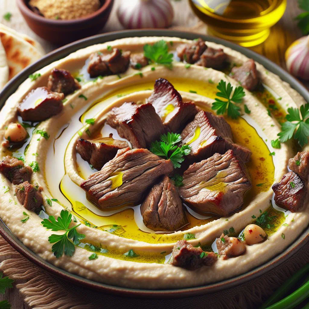 Creamy hummus topped with spiced lamb and fresh herbs
