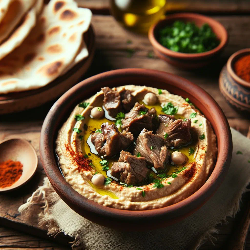 Creamy hummus topped with spiced lamb and fresh herbs