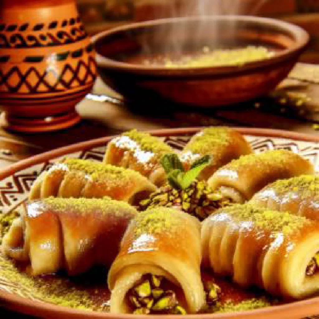 Golden fried Karakeesh dough parcels with a savoury lamb filling