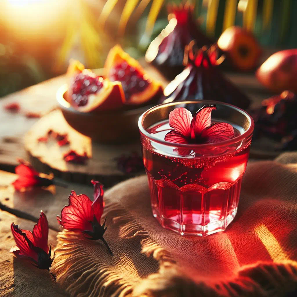 A glass of deep red karkadeh hibiscus tea garnished with fresh mint