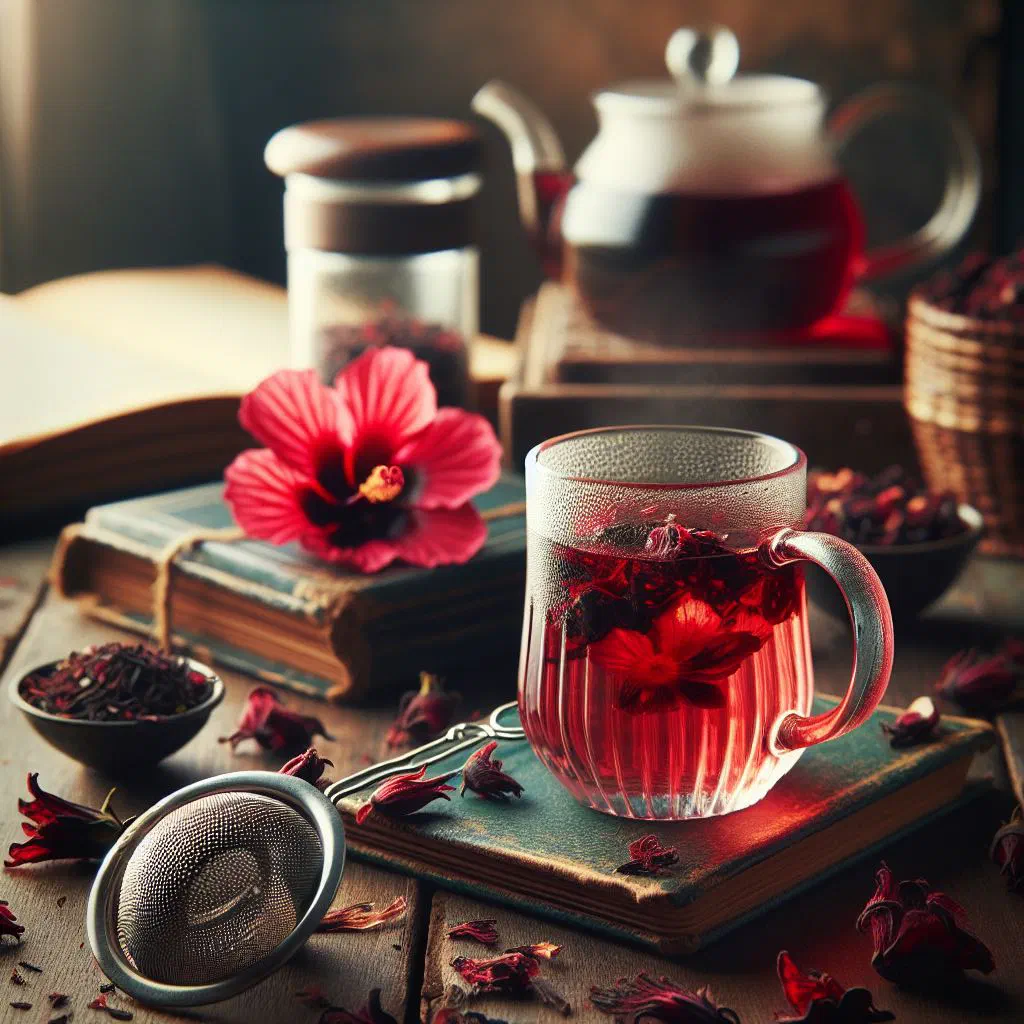 A glass of deep-red karkadeh hibiscus tea garnished with mint