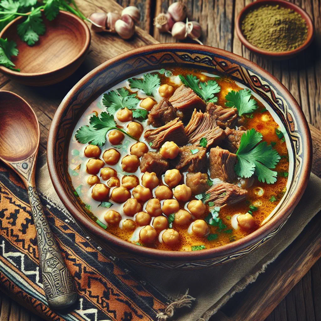 A bowl of Egyptian kawaree soup with tender beef and fresh parsley