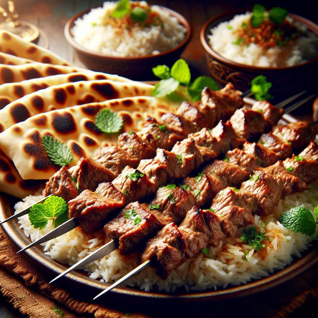 Grilled kebab halla skewers garnished with fresh herbs