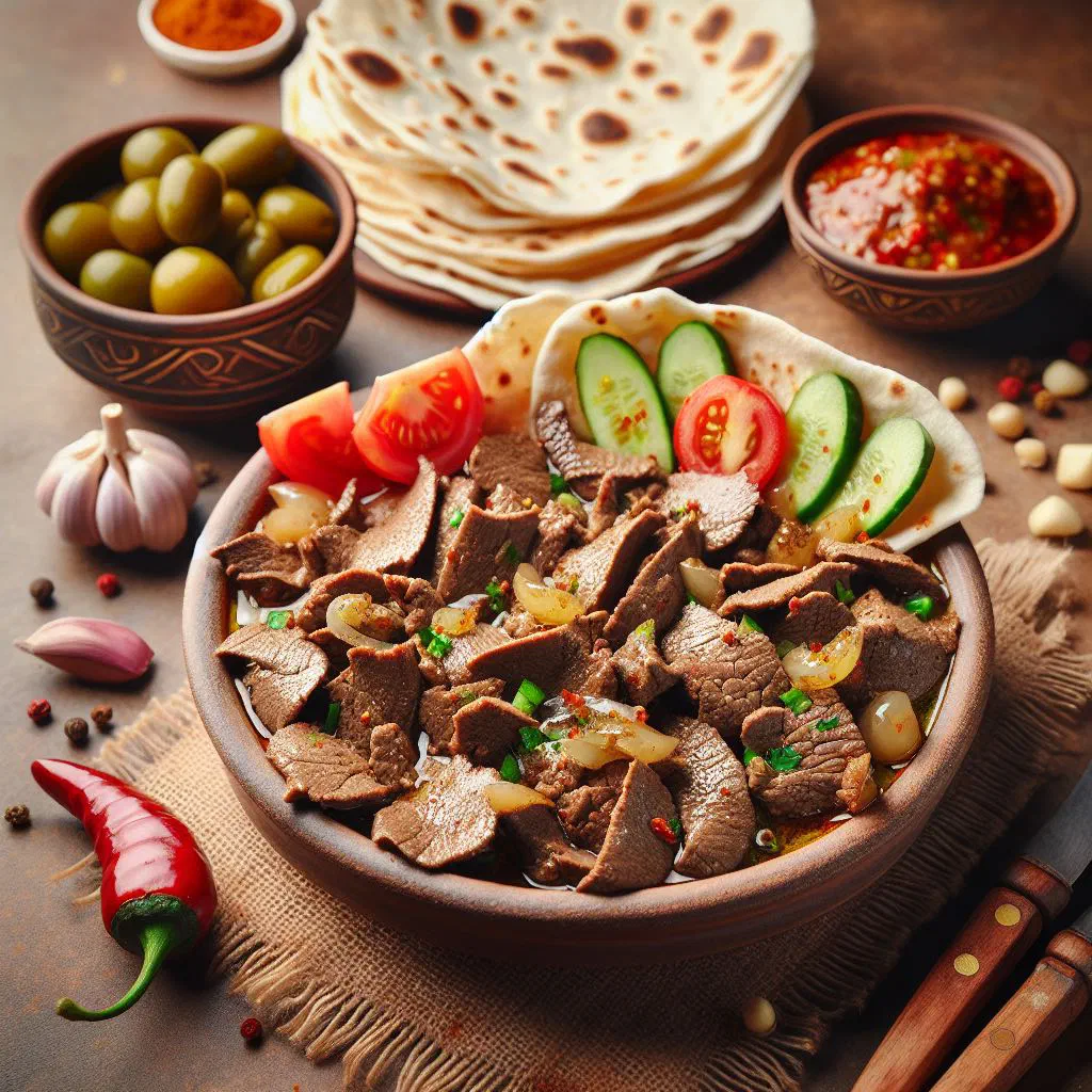 Spiced Alexandrian-style fried liver garnished with fresh herbs and served with bread
