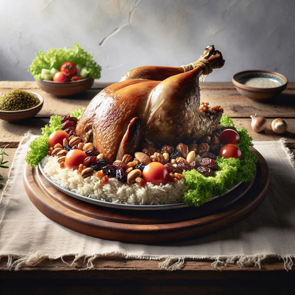 Whole roast lamb stuffed with spiced rice on a serving platter