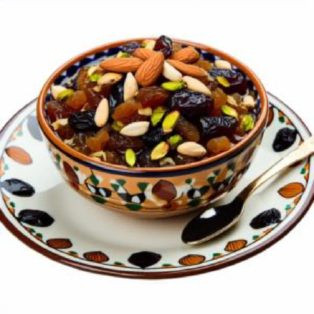 Bowl of khushaf with dried fruit and toasted nuts