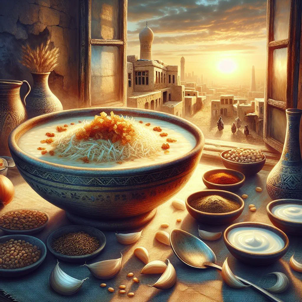 Bowl of Egyptian kishk stew garnished with fresh herbs and a squeeze of lemon