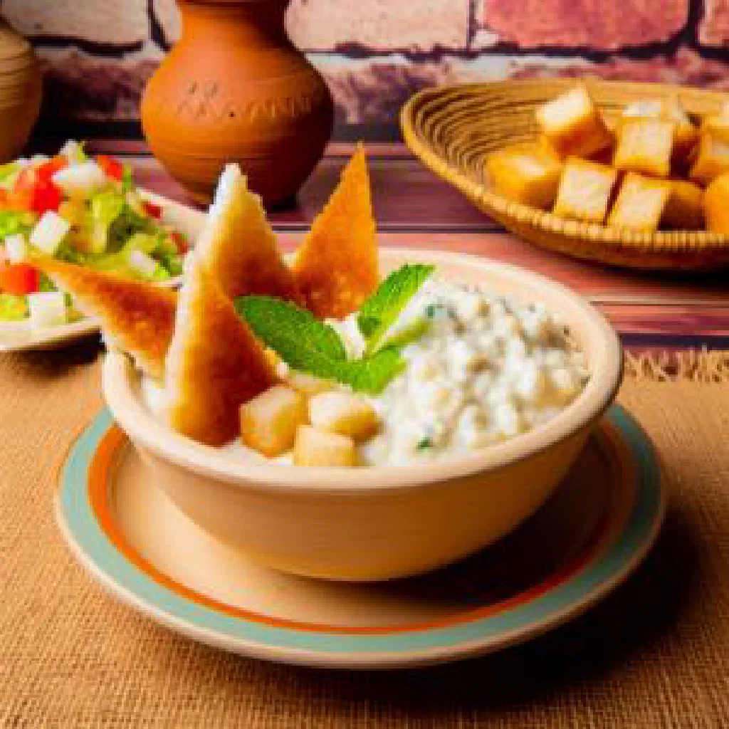 Bowl of creamy Kishk Sa'eedi drizzled with olive oil and served with fresh bread