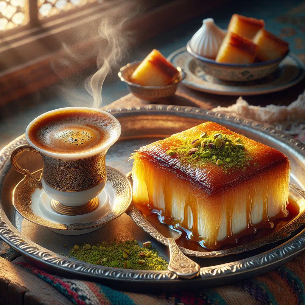 Golden baked konafa soaked in sugar syrup and topped with chopped pistachios