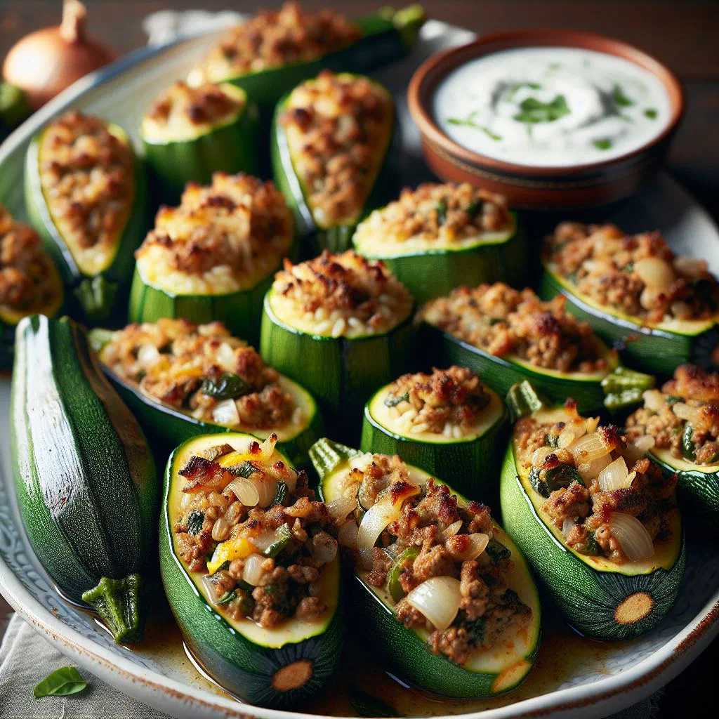 Stuffed courgettes simmered in tomato sauce, served on a platter