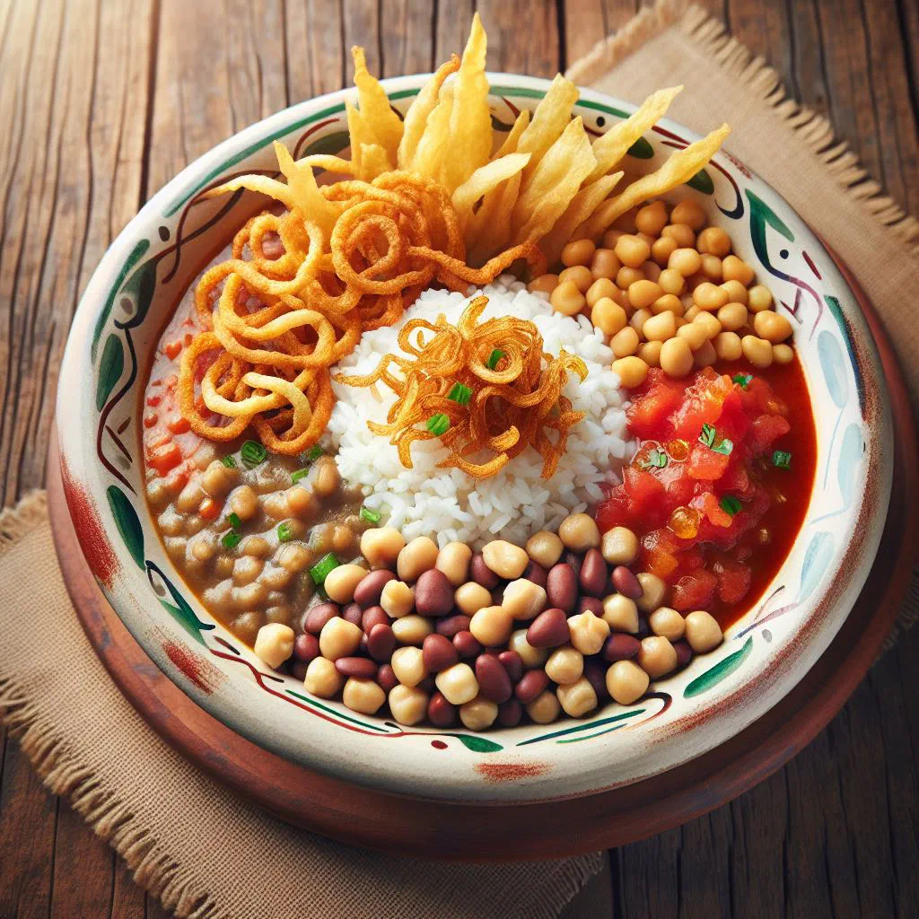 Koshari bel aroz with rice, lentils, tomato sauce and caramelised onions