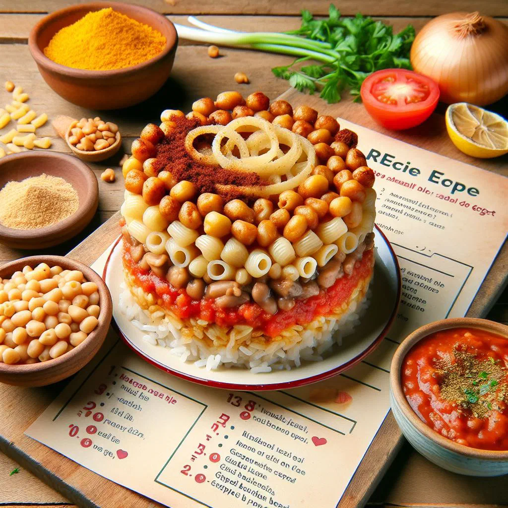 A bowl of Kushaf with rice, lentils and chickpeas garnished with fresh vegetables