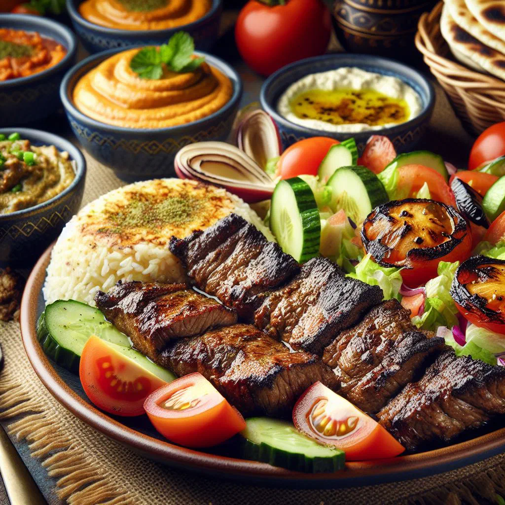 Grilled marinated meat skewers garnished with fresh herbs
