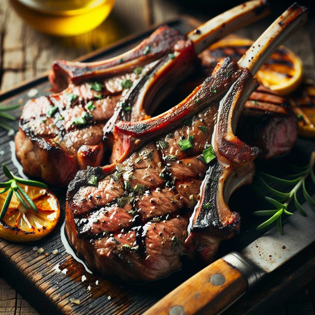 Grilled Egyptian lamb chops garnished with fresh herbs and lemon