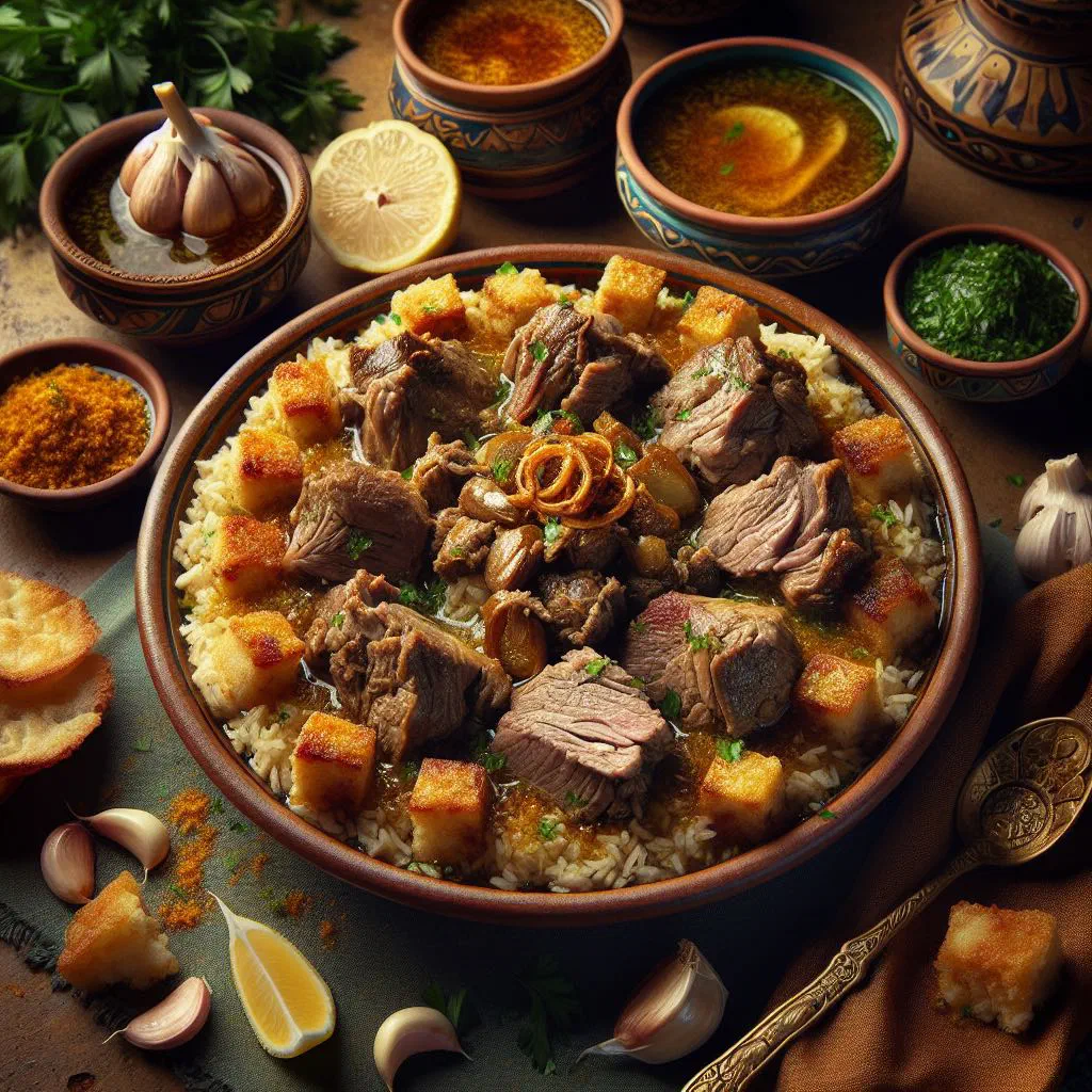 Lamb fatta with rice, crisp flatbread and garlic sauce, garnished with coriander