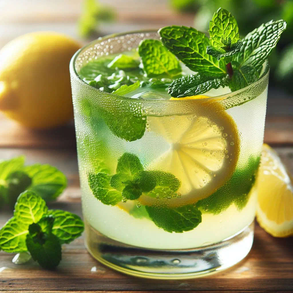 Glass of chilled lemon mint juice garnished with fresh mint and lemon