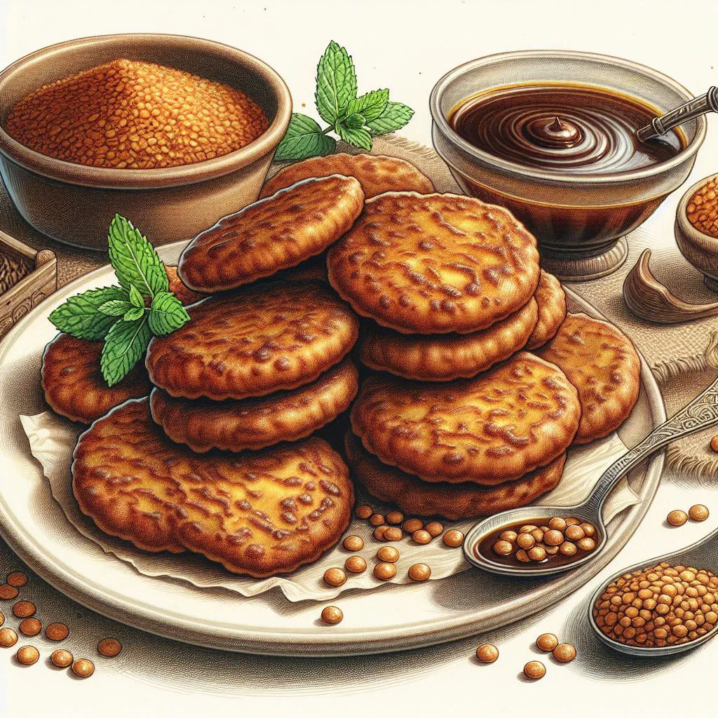 Golden Egyptian lentil fritters served with a bowl of tahini sauce