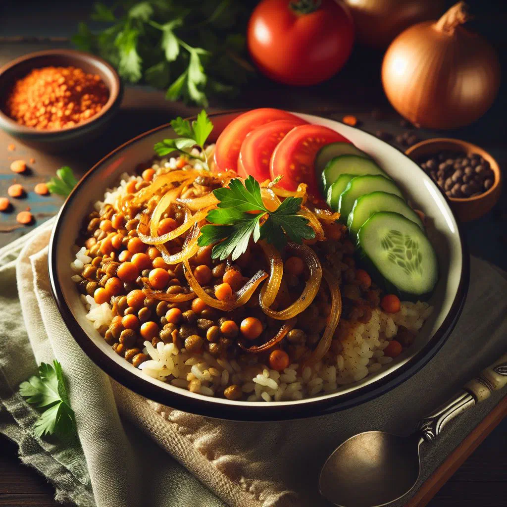 A bowl of lentil mujadara topped with golden caramelised onions