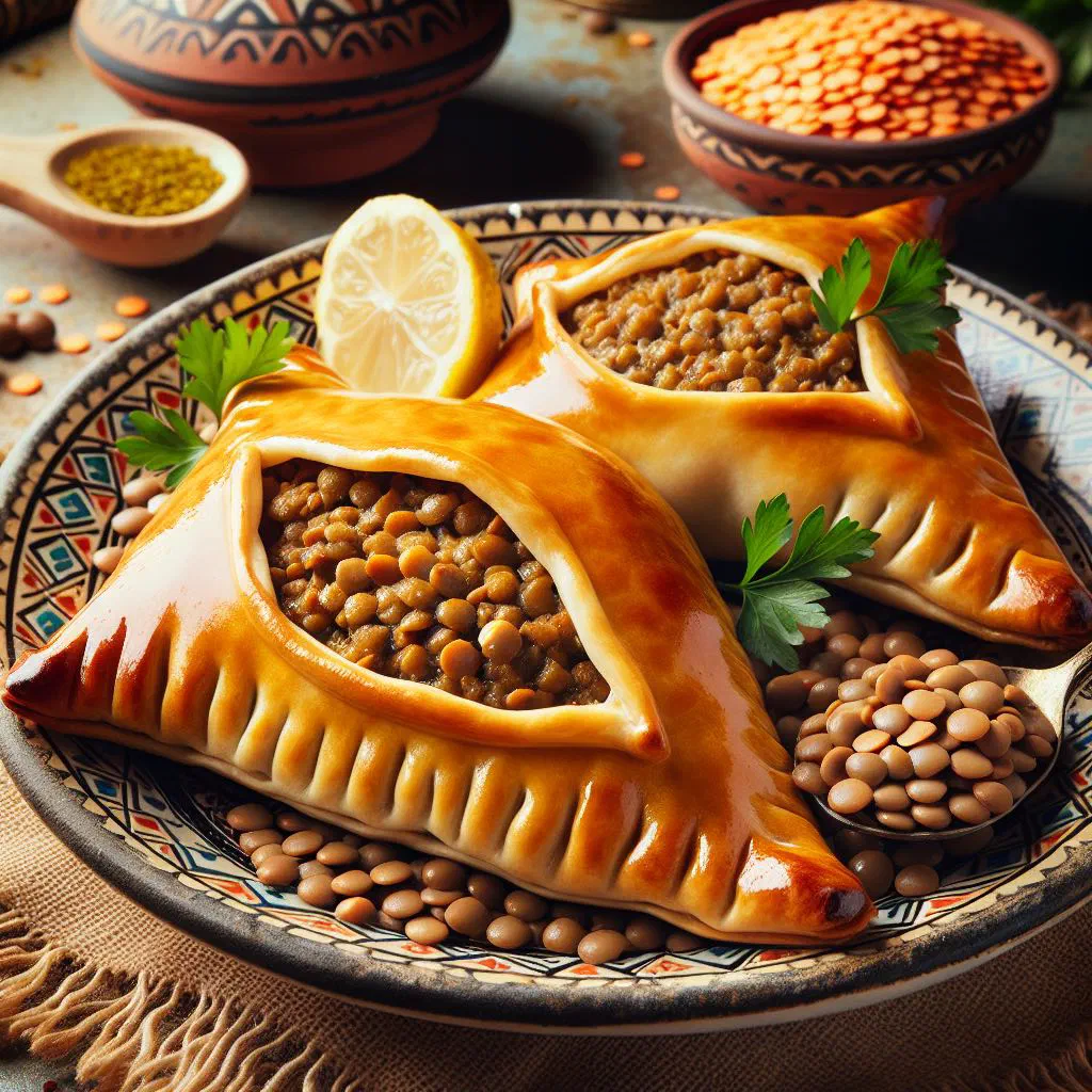 Golden, crispy lentil sambousek pastries served with a dip