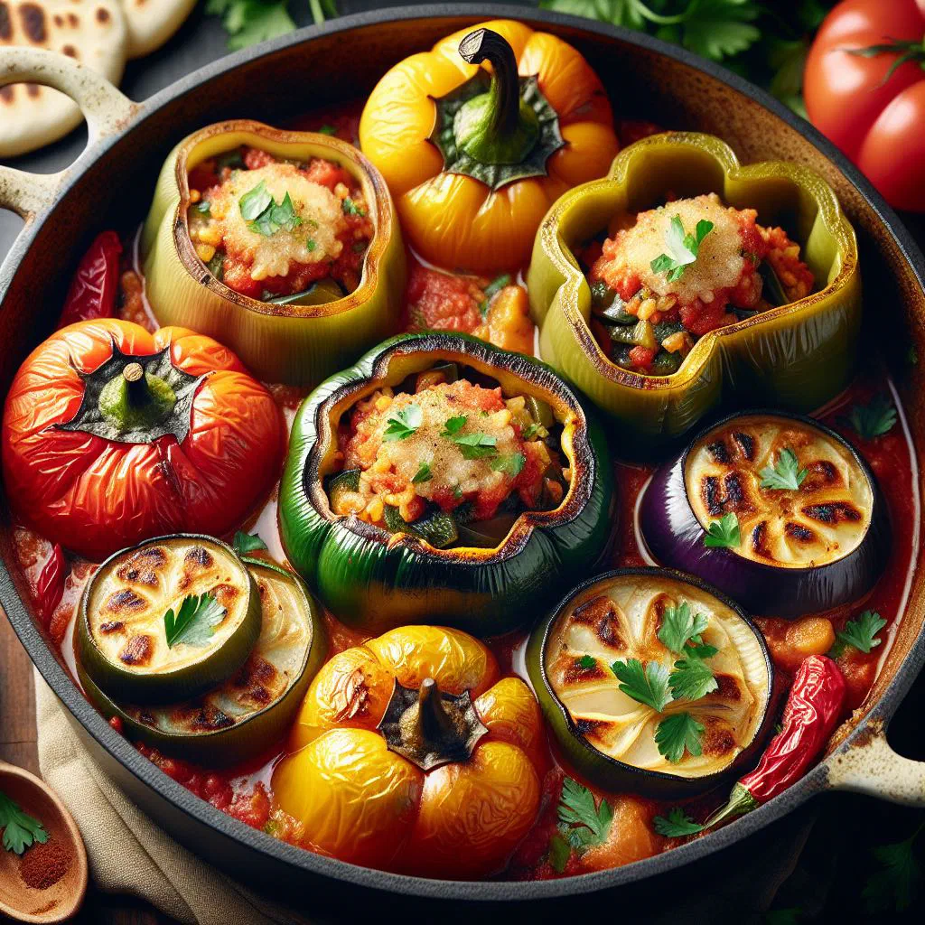 Egyptian mahshi: stuffed courgettes and peppers in tomato sauce
