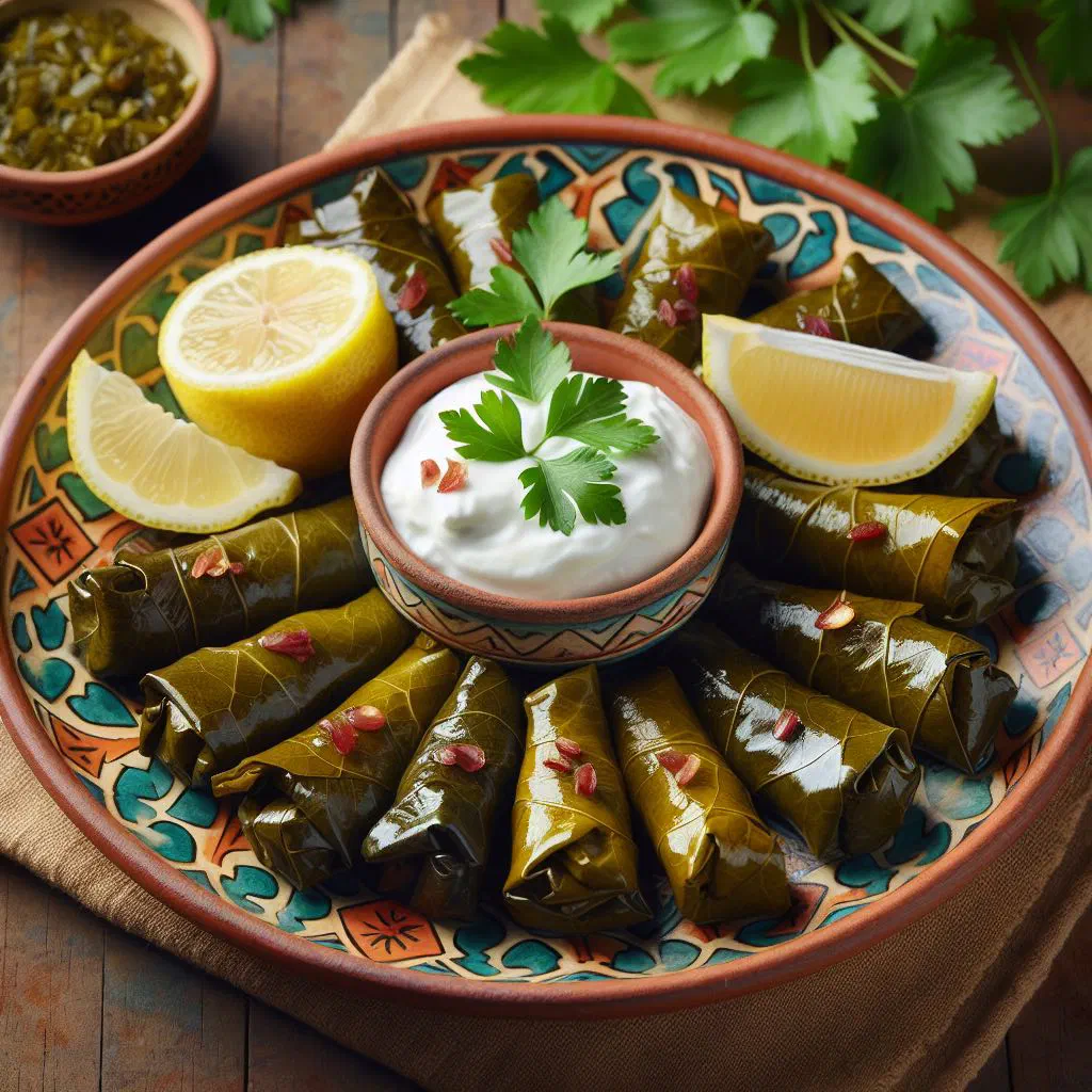 Rolled stuffed grape leaves arranged on a plate with lemon