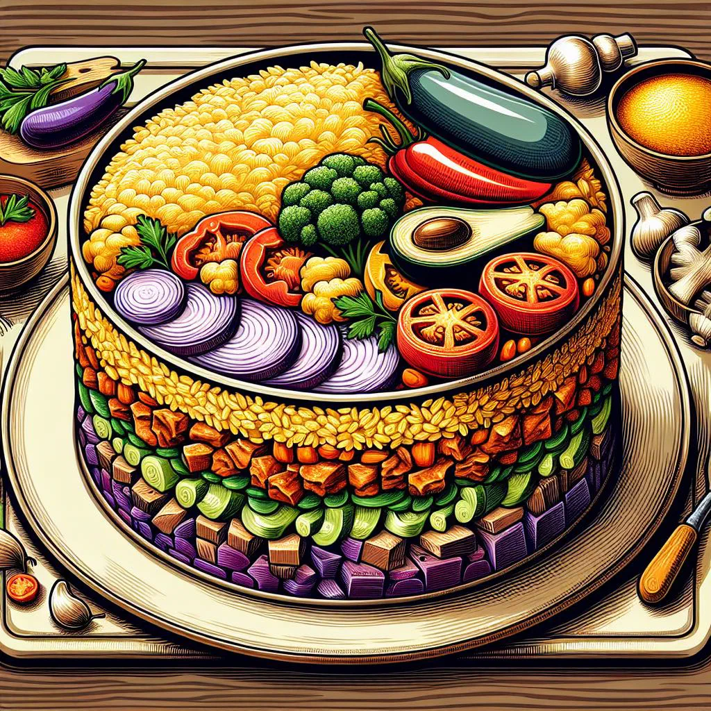 Upside-down maqluba of spiced rice, meat and vegetables garnished with nuts