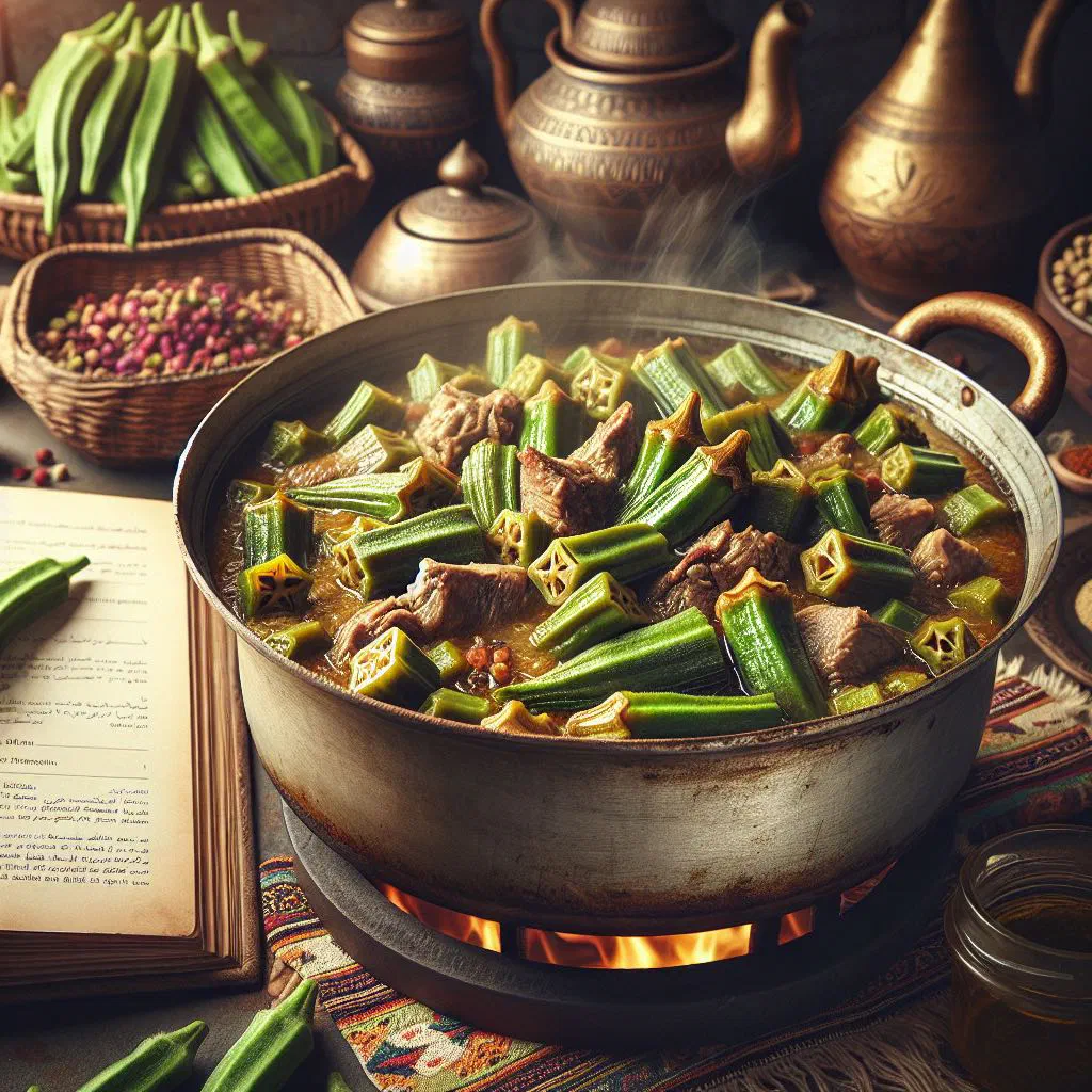 Egyptian meat and okra stew in tomato sauce garnished with fresh coriander