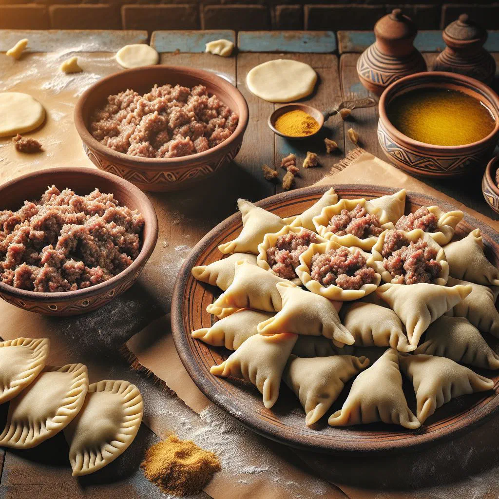 Golden fried meat sambousek pastries filled with spiced mince