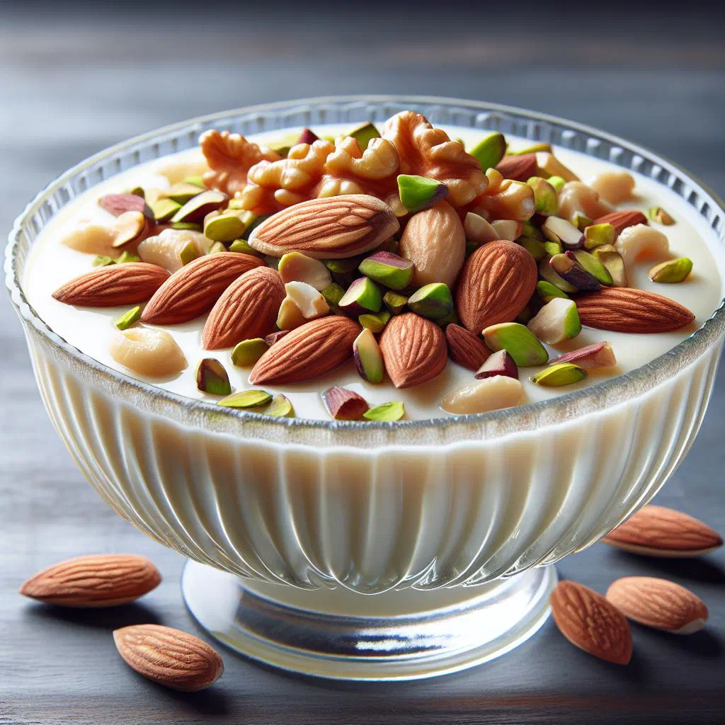 Creamy Egyptian mehalabeya milk pudding topped with mixed roasted nuts