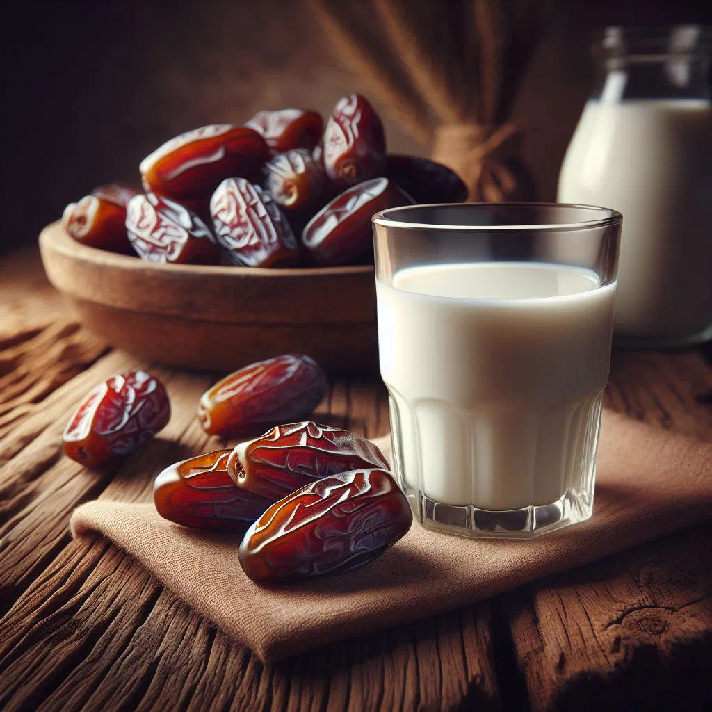 A glass of creamy milk with dates dusted with cinnamon and whole dates alongside