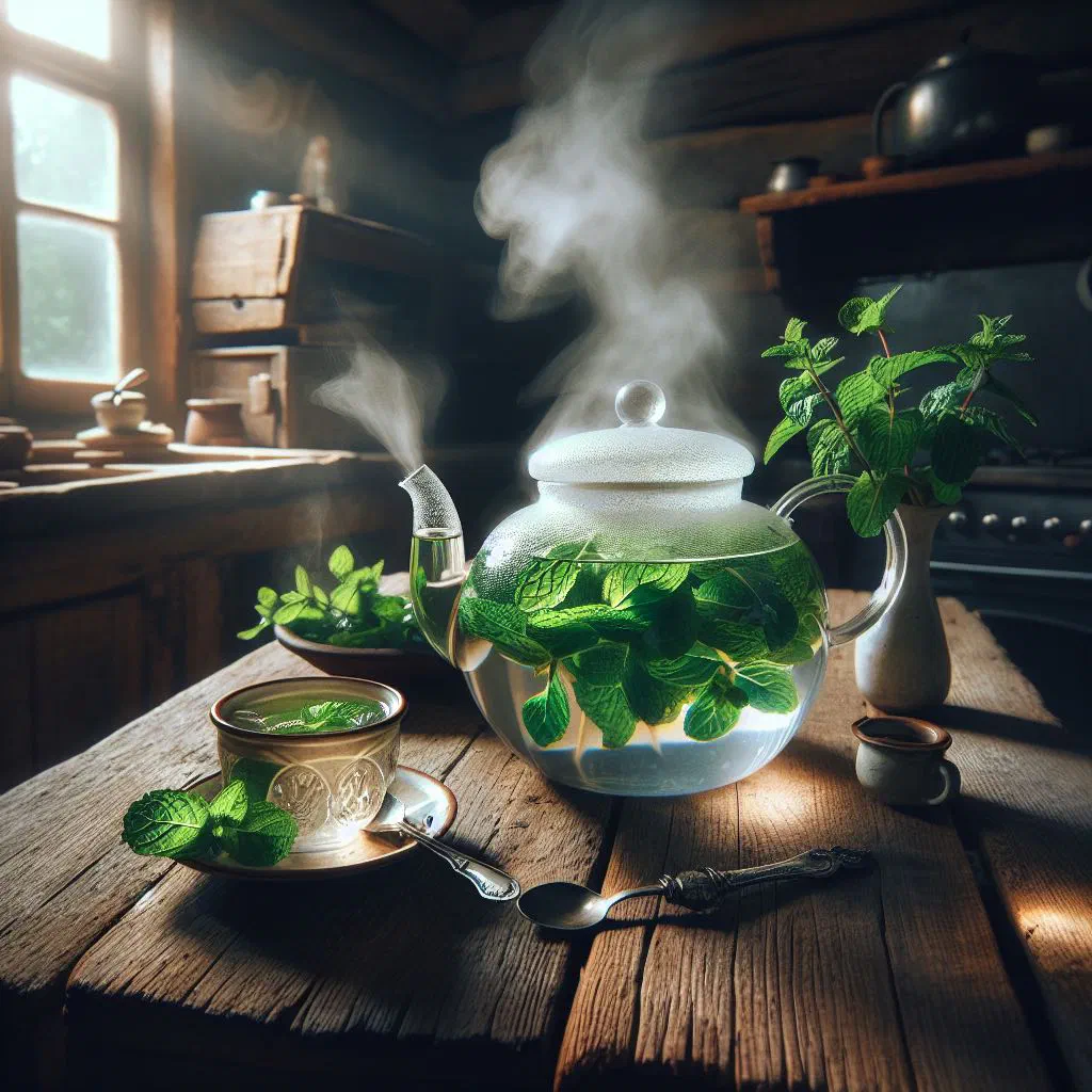 A glass of Egyptian mint tea garnished with fresh mint leaves